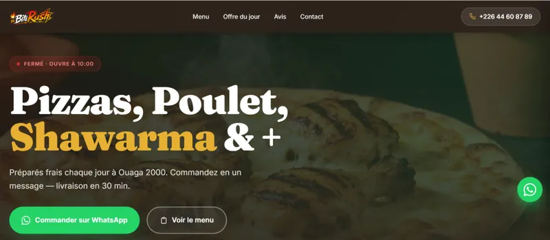 Site web du fast-food Bite Rush — pizzas, poulet, shawarma